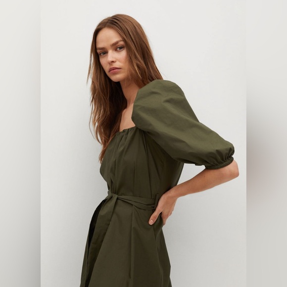 MANGO Khaki Cotton Poplin Off-Shoulder Dress with Puff Sleeves - Picture 10 of 11